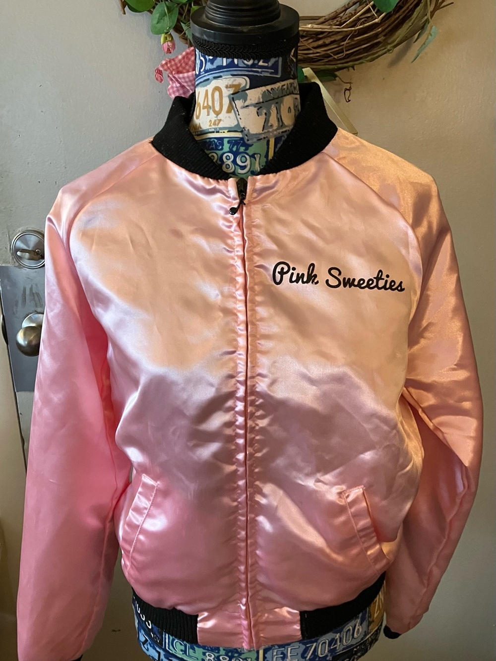 Junior’s Pink Satin Bomber Jacket size small